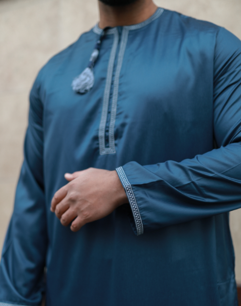 QATARI: Ocean Blue Contrast Collarless Thobe - Image 3